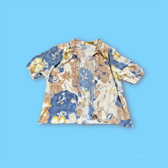 Vintage labod cute grandma button up! Brown blue and yellow flower print! - Picture 1 of 4